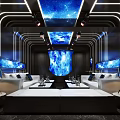 Modern KTV Room Interior With LED Lighting Leather Sofas TV Screens And Purple Decorative Plants