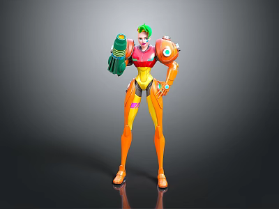 Game And Movie Character With Green Hair Orange Yellow Outfit Mechanical Arm And Weapon 3d model