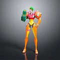 Game And Movie Character With Green Hair Orange Yellow Outfit Mechanical Arm And Weapon