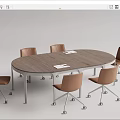 Modern Oval Conference Table With Wooden Top And Brown Rolling Chairs