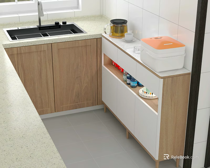 Modern Kitchen Cabinets with Natural Wood Finish Light Countertop and Open Shelf Storage 3d model 