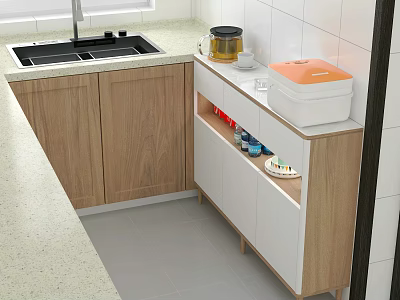 Modern Kitchen Cabinets with Natural Wood Finish Light Countertop and Open Shelf Storage 3d model