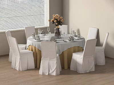 Round Dining Table Set with White Tablecloth Golden Skirt Six White Chairs and Flower Arrangement 3d model