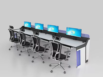 Modern Office Desk With Multiple Computer Monitors And Ergonomic Office Chairs 3d model