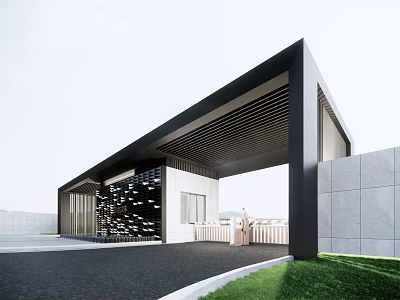 Modern Entrance Gate With Slatted Roof Concrete Walls Glass Panels Paved Driveway And Green Lawn 3d model