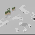Modern Landscape Seating With White Geometric Design And Potted Green Plants