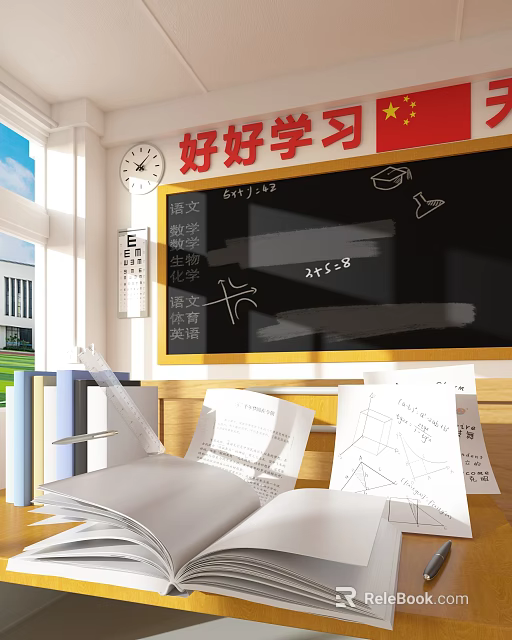 Bright Classroom Interior with Blackboard Various Subjects Books Papers and Wall Clock 3d model 