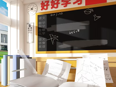 Bright Classroom Interior with Blackboard Various Subjects Books Papers and Wall Clock 3d model