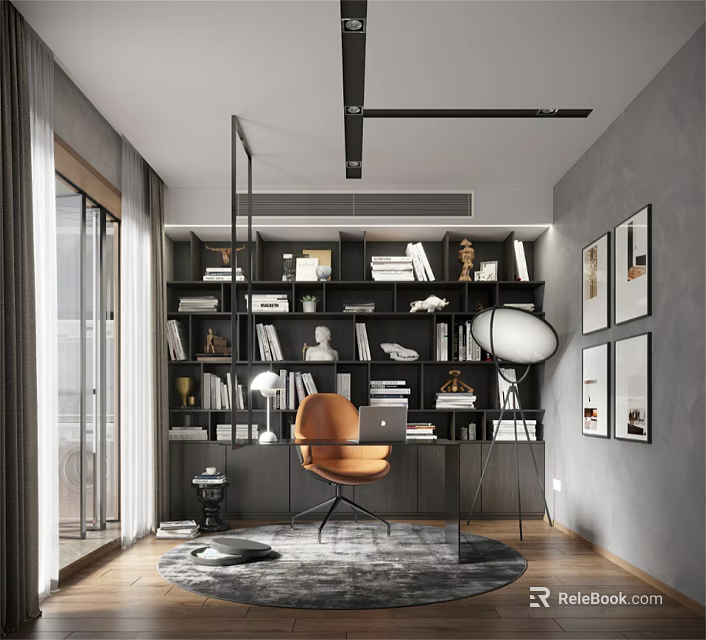 Modern Study Room Interior With Bookshelves Orange Chair Floor Lamp Wall Art And Glass Desk 3d model 