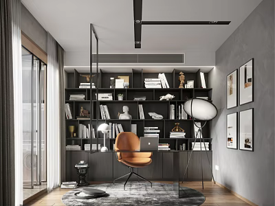 Modern Study Room Interior With Bookshelves Orange Chair Floor Lamp Wall Art And Glass Desk 3d model