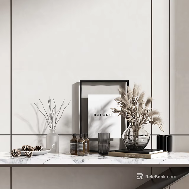 Minimalist Decorative Ornament Set With Framed Poster Dried Pampas Grass Books And Marble Countertop 3d model 