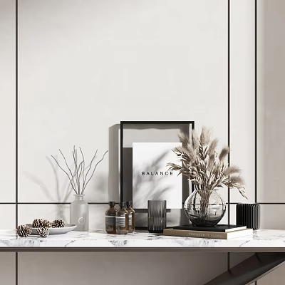 Minimalist Decorative Ornament Set With Framed Poster Dried Pampas Grass Books And Marble Countertop 3d model