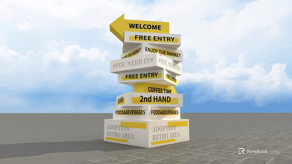 Stacked Art Installation With Yellow Arrow Welcome Sign Free Entry Market Coffee Time And Food Services 3d model 