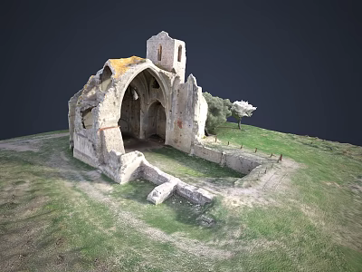Ancient Ruins Arched Structure Collapsed Walls Yellowish Top White Flowering Tree Green Grass Dark Sky 3d model