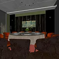 Elegant Private Dining Room Interior With Round Table White Tablecloth And Red Chairs 3d model