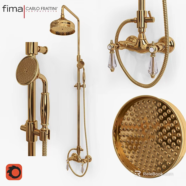 Luxury Golden Faucet Set With Shower Components Handheld Head Crystal Decorations And Round Rain Showerhead 3d model 