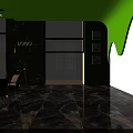Modern Café Interior With Green Ceiling Large Windows Wooden Furniture And Marble Floor