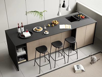 Modern Bar Counter Interior Setup With Black Stools Wine Bottles Fruits Green Plant And Sink 3d model