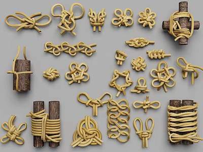 Traditional Decorative Carved Rope Knots With Wooden Sticks And Artisan Craftsmanship 3d model