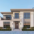 Modern Detached Villa With Two Story Structure Balcony Large Windows And Garden Greenery