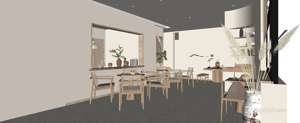 Minimalist Restaurant Interior With Wooden Tables Chairs Potted Plants And Mirror 3d model 
