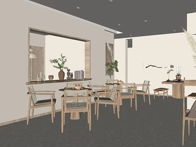 Minimalist Restaurant Interior With Wooden Tables Chairs Potted Plants And Mirror 3d model