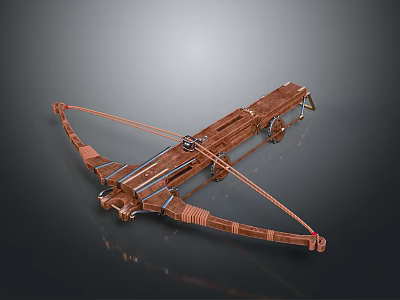 Copper Colored Mechanical Crossbow With Wooden Frame Metal Wheels And Taut Bowstring 3d model