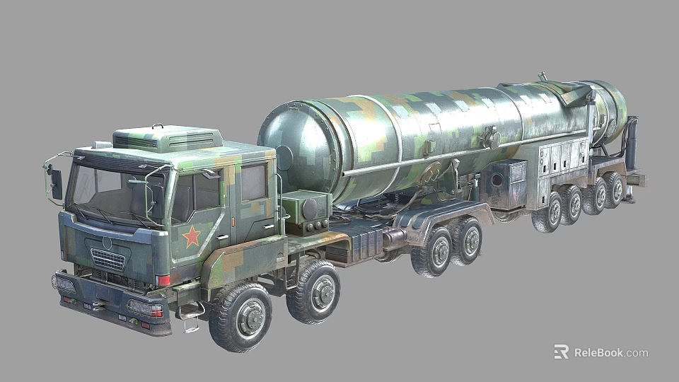 Military Camouflage Functional Vehicle With Large Cylindrical Tank Multiple Wheels And Red Star Emblem 3d model 