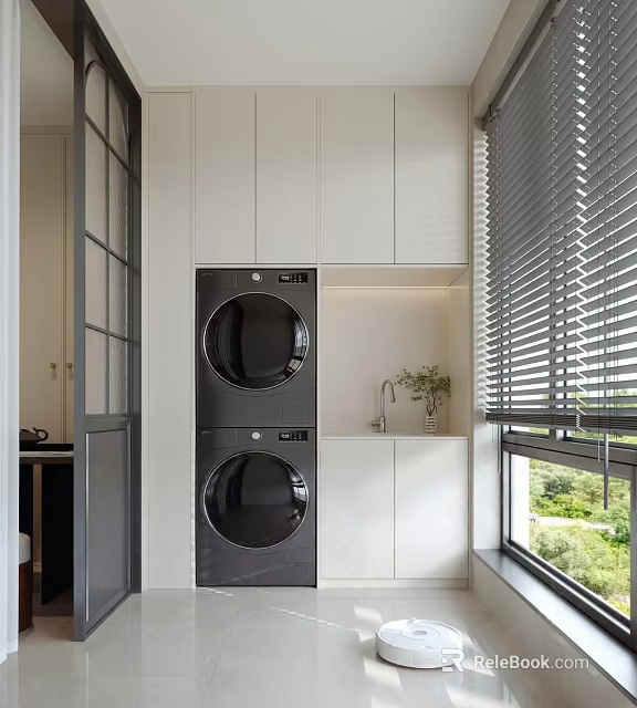 Modern Balcony Cabinet with Stacked Washer Dryer Window Blinds and Countertop Faucet 3d model 