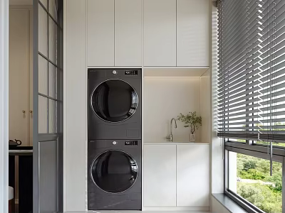 Modern Balcony Cabinet with Stacked Washer Dryer Window Blinds and Countertop Faucet 3d model