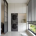 Modern Balcony Cabinet with Stacked Washer Dryer Window Blinds and Countertop Faucet