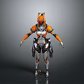 Game Movie Character in Orange White Futuristic Armor with Mechanical Details