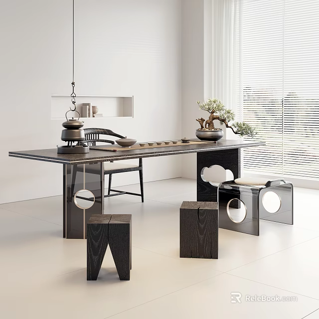 Modern Tea Table With Chairs And Dark Wood Design Featuring Tea Set And Potted Plant 3d model 