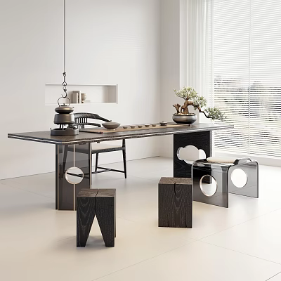 Modern Tea Table With Chairs And Dark Wood Design Featuring Tea Set And Potted Plant 3d model