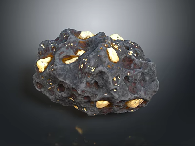 Black Decorative Stone with Gold Flecks on Natural Wooden Base Art Piece 3d model