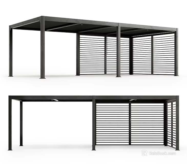 Modern Outdoor Pergola With Black Frame And Louvered Structure Design 3d model