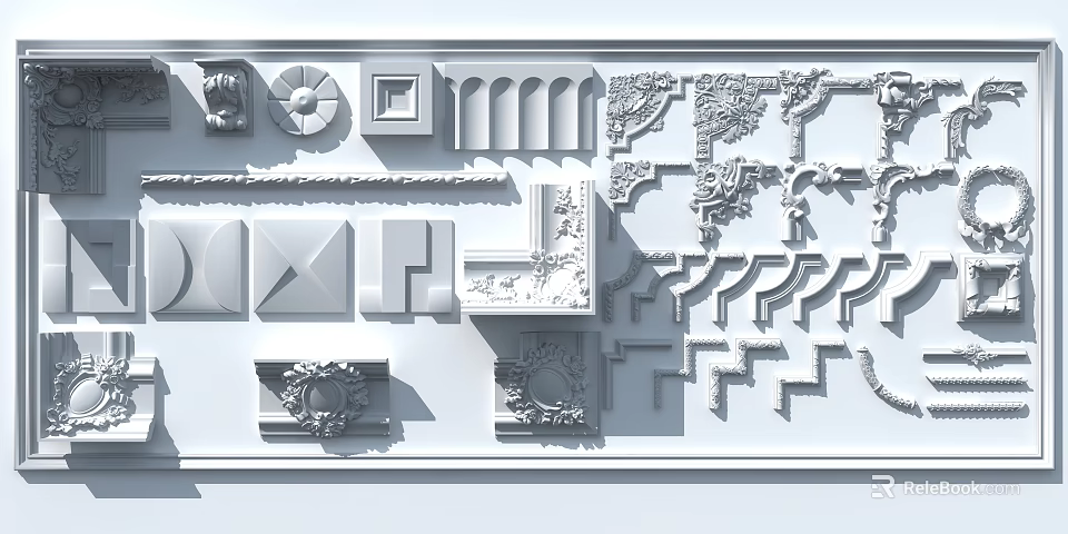 Various Intricate Ornamental Carved Decorations Showcasing Different Design Patterns And Elements 3d model 