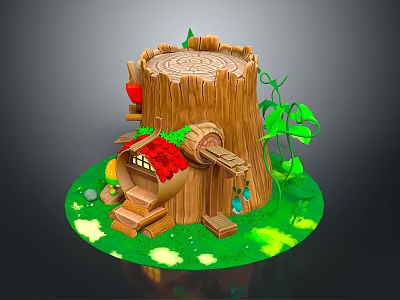 Modern Tree Stump House With Lush Green Grass Red Roof Vines And Wooden Stairs 3d model