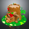 Modern Tree Stump House With Lush Green Grass Red Roof Vines And Wooden Stairs