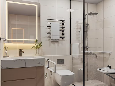 Modern Bathroom with Illuminated Mirror Marble Vanity and Walk in Shower 3d model