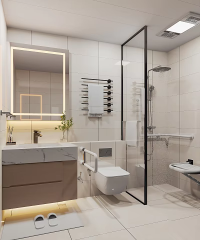 Modern Bathroom with Illuminated Mirror Marble Vanity and Walk in Shower 3d model