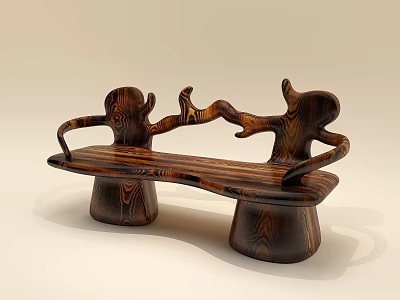 Unique Handcrafted Wooden Public Chair With Artistic Armrests And Wood Grain 3d model