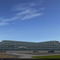 Modern Glass Office Building Exterior Design With Parking Lot Green Grass And Blue Sky
