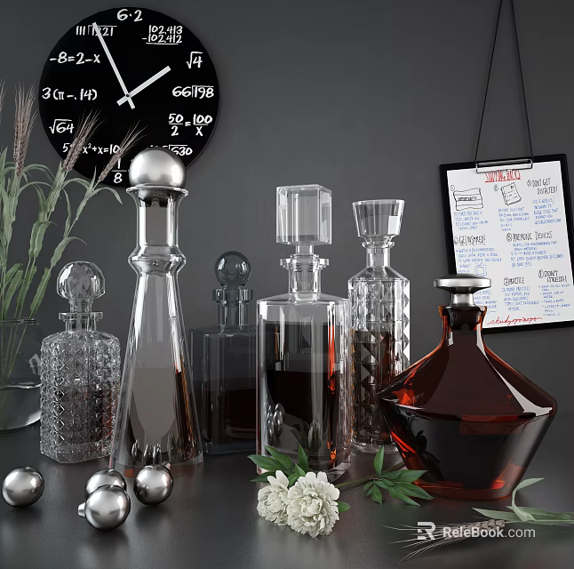 Elegant Transparent Brown Glass Spirit Decanters And Wine Glasses With Green Plants Metal Spheres 3d model 