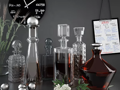Elegant Transparent Brown Glass Spirit Decanters And Wine Glasses With Green Plants Metal Spheres 3d model