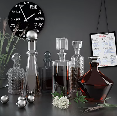 Elegant Transparent Brown Glass Spirit Decanters And Wine Glasses With Green Plants Metal Spheres 3d model
