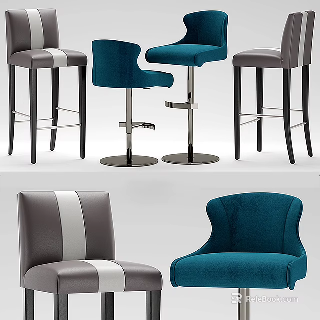 Modern Bar Stools In Blue Velvet And Gray Leather With Curved Backrest And Striped Accents 3d model 