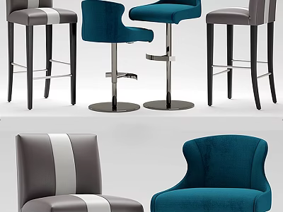 Modern Bar Stools In Blue Velvet And Gray Leather With Curved Backrest And Striped Accents 3d model