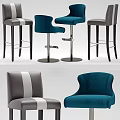 Modern Bar Stools In Blue Velvet And Gray Leather With Curved Backrest And Striped Accents