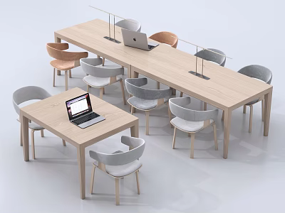 Modern Wooden Conference Table With Laptops Table Lamps And Multi Colored Chairs 3d model